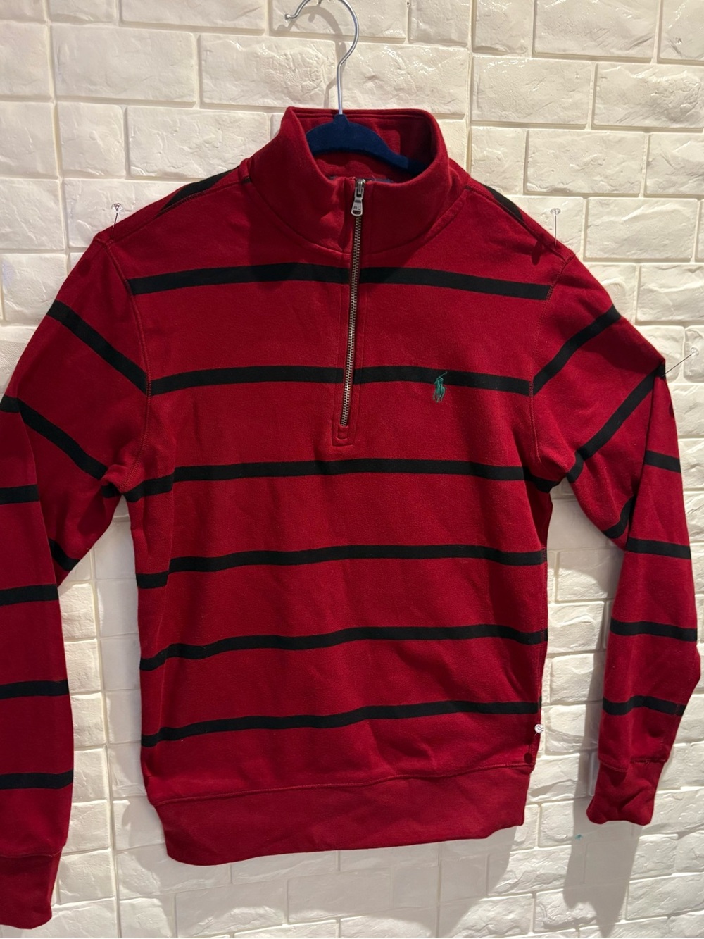 Polo by Ralph Lauren Red and Black Striped Quarter-Zip Sweater